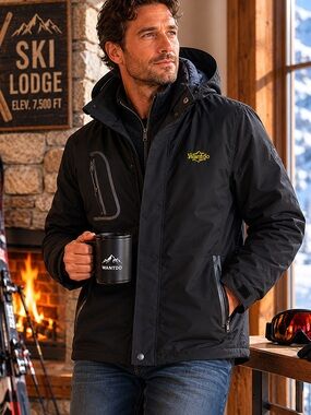 Wantdo Men’s Waterproof Ski Jacket Black Fleece Lined Winter Coat Hooded Size L
